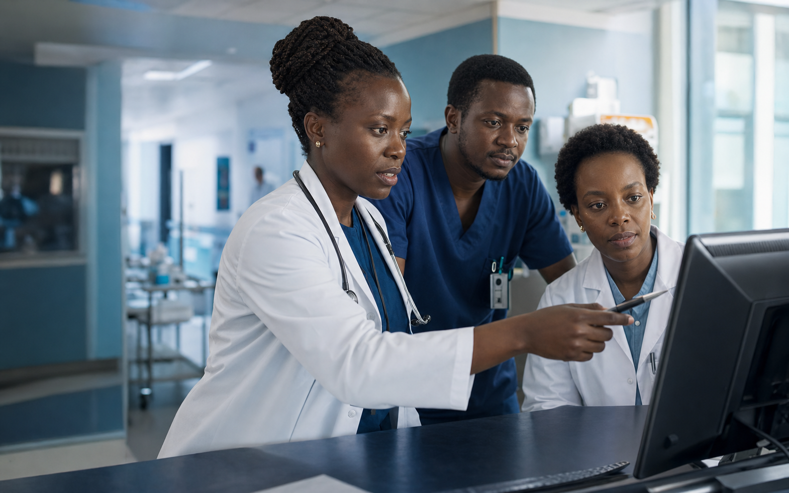 A hospital care team coordinating around a clinical workstation